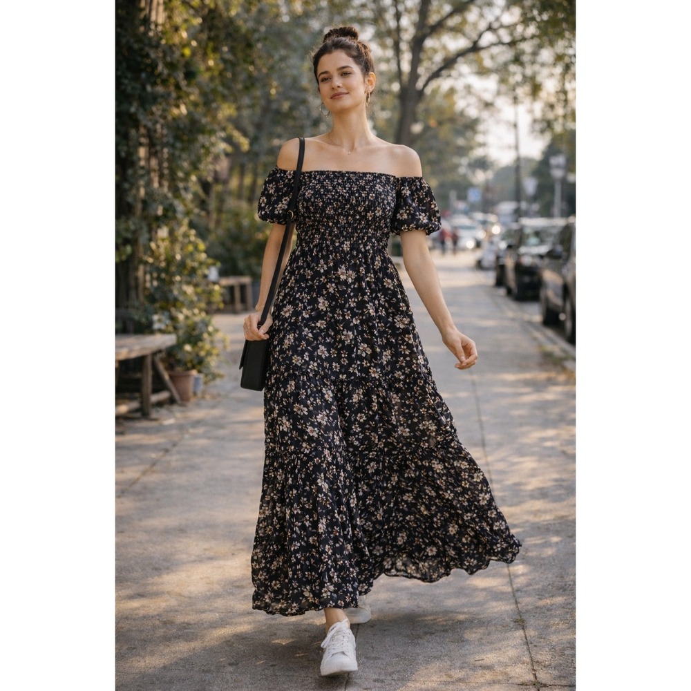 Lipsy London Floral Smocked Tiered‎ Ruffle Maxi Dress Off Shoulder Puff Sleeve